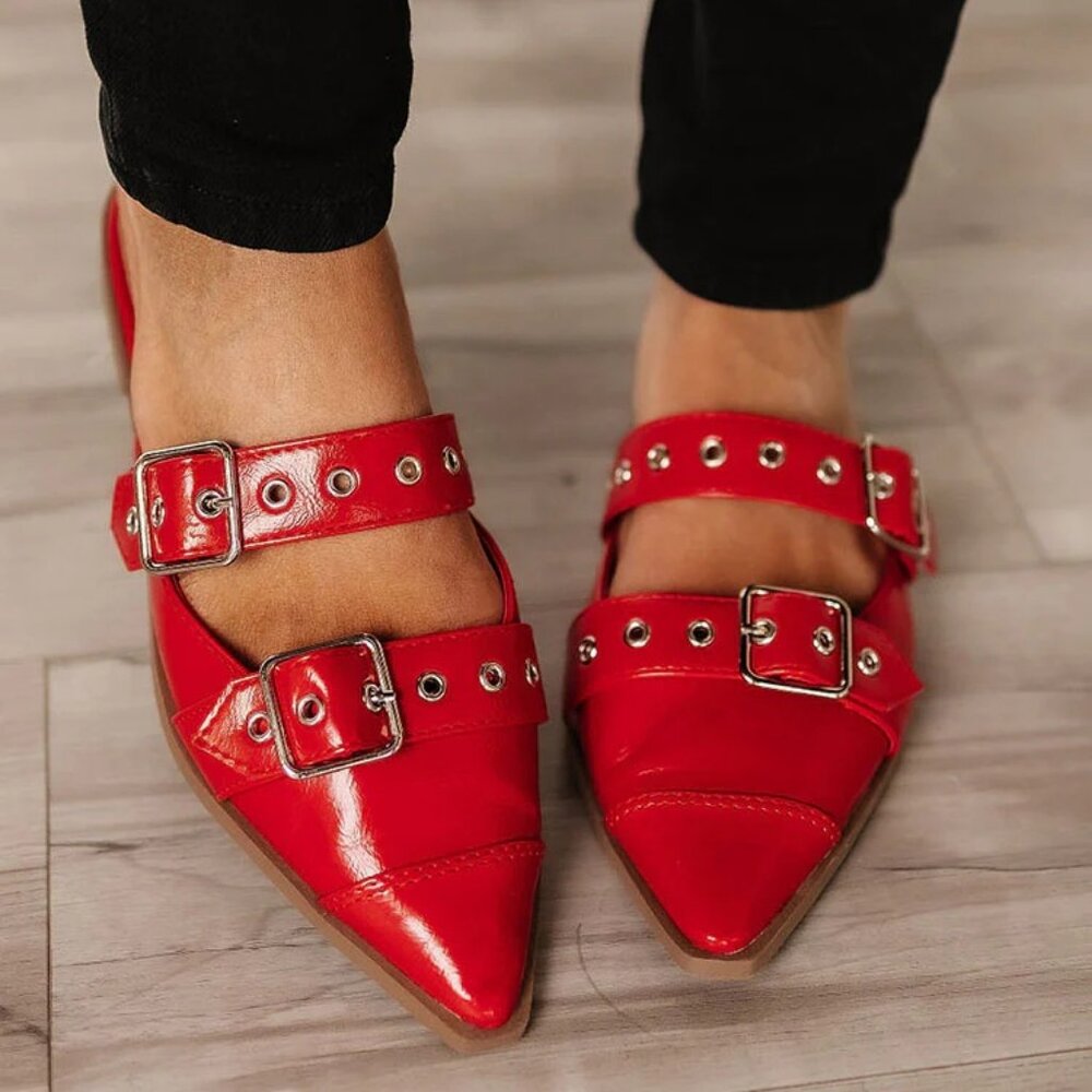 New Red Pointed Toe Slide Flat Loafers Mules Shoes Slip-On Silver Buckle Strap - Picture 1 of 4